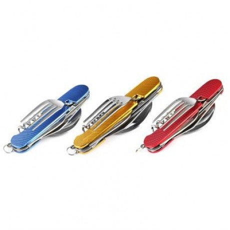 Multifunctional 6 in 1 Stainless Steel Folding Knife Spoon Fork (BLUE)