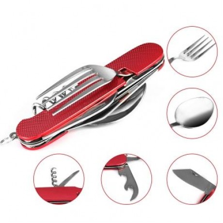 Multifunctional 6 in 1 Stainless Steel Folding Knife Spoon Fork (BLUE)