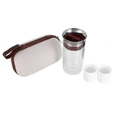 TRAVEL HIKING TEA FILTER GLASS BOTTLE SET WITH PORTABLE BAG (SILVER AND RED)