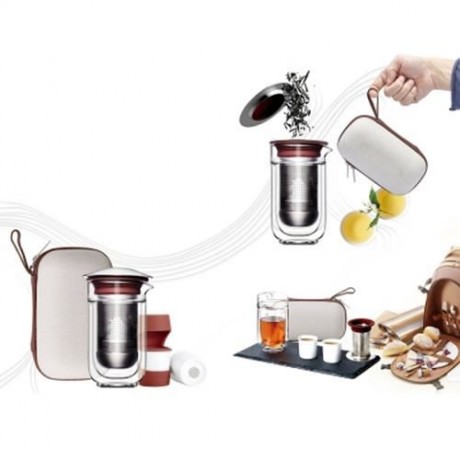 TRAVEL HIKING TEA FILTER GLASS BOTTLE SET WITH PORTABLE BAG (SILVER AND RED)