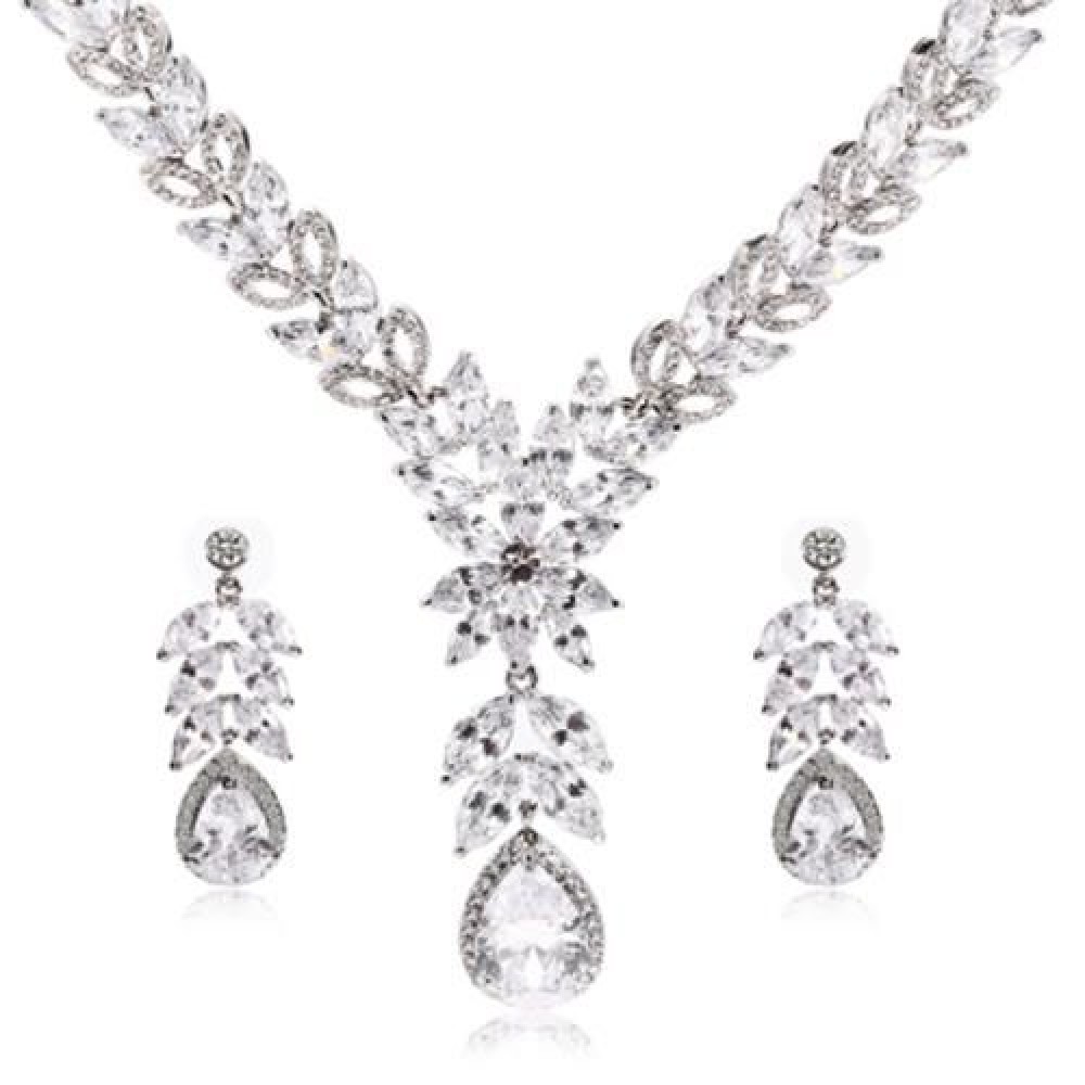 DROP-SHAPED RHINESTONE NECKLACE EARRINGS WOMEN JEWELRY SET (SILVER)
