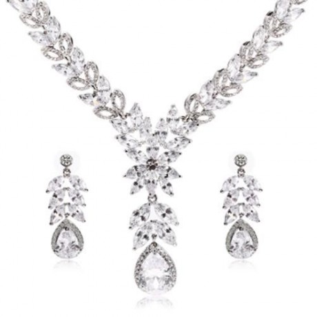 DROP-SHAPED RHINESTONE NECKLACE EARRINGS WOMEN JEWELRY SET (SILVER)