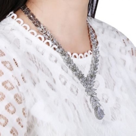 DROP-SHAPED RHINESTONE NECKLACE EARRINGS WOMEN JEWELRY SET (SILVER)