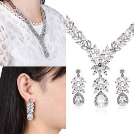 DROP-SHAPED RHINESTONE NECKLACE EARRINGS WOMEN JEWELRY SET (SILVER)
