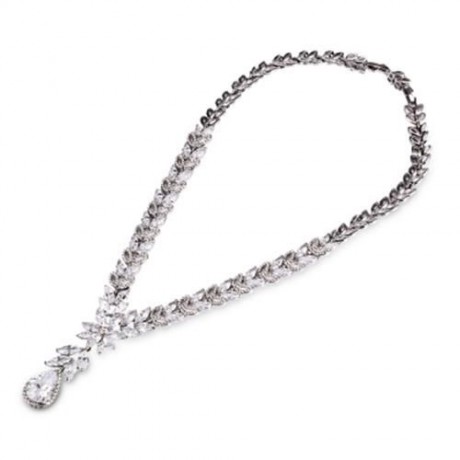DROP-SHAPED RHINESTONE NECKLACE EARRINGS WOMEN JEWELRY SET (SILVER)