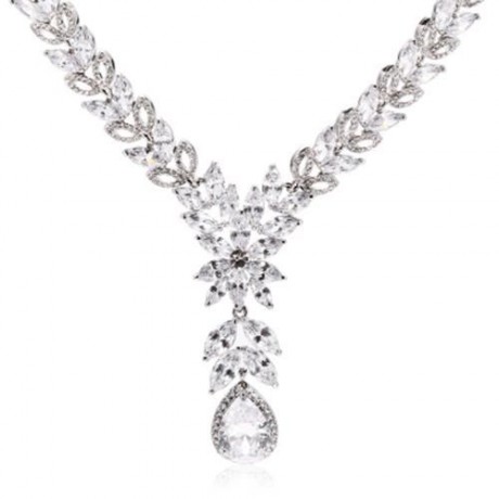 DROP-SHAPED RHINESTONE NECKLACE EARRINGS WOMEN JEWELRY SET (SILVER)