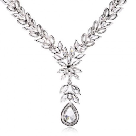DROP-SHAPED RHINESTONE NECKLACE EARRINGS WOMEN JEWELRY SET (SILVER)