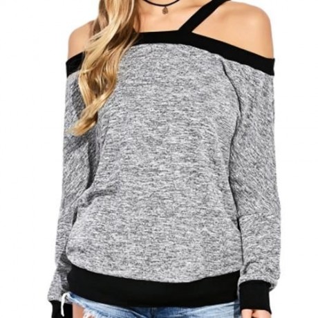 COLD SHOULDER COLOR BLOCK T-SHIRT (GRAY)