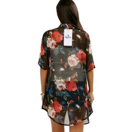 OPEN FRONT ALLOVER PRINT CHIFFON KIMONO (RED)