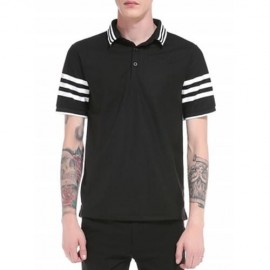TURNDOWN COLLAR STRIPED DESIGN POLO T-SHIRT (BLACK)