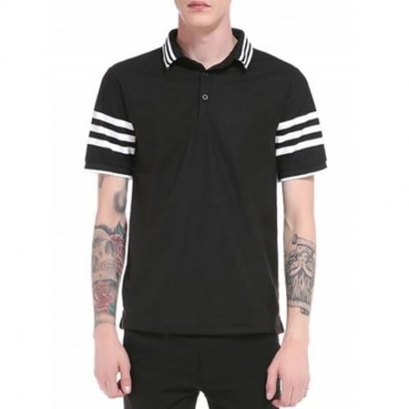 TURNDOWN COLLAR STRIPED DESIGN POLO T-SHIRT (BLACK)