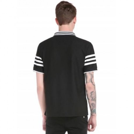 TURNDOWN COLLAR STRIPED DESIGN POLO T-SHIRT (BLACK)