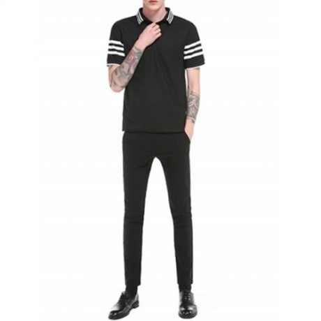 TURNDOWN COLLAR STRIPED DESIGN POLO T-SHIRT (BLACK)