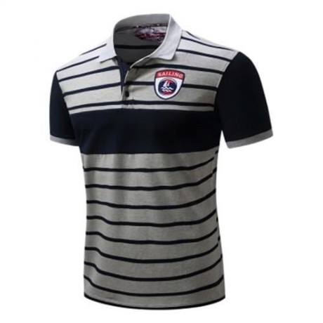 COLOR BLOCK PANEL STRIPE EMBROIDERED POLO T-SHIRT (DEEP BLUE)