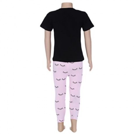 SOSOCOER 2PCS GIRLS LIP PATTERN T-SHIRT EYELASH PRINT TROUSERS (BLACK AND PINK)