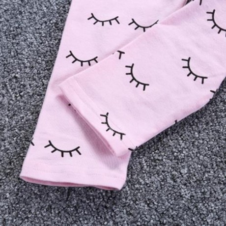 SOSOCOER 2PCS GIRLS LIP PATTERN T-SHIRT EYELASH PRINT TROUSERS (BLACK AND PINK)