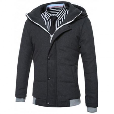 HOODED RIB SPLICING DESIGN ZIP-UP PADDED JACKET (BLACK)
