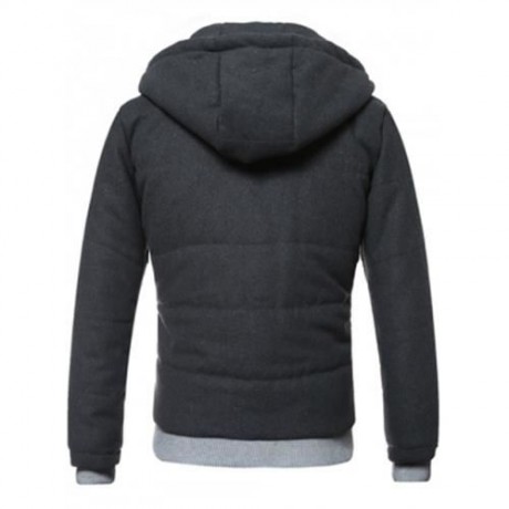 HOODED RIB SPLICING DESIGN ZIP-UP PADDED JACKET (BLACK)