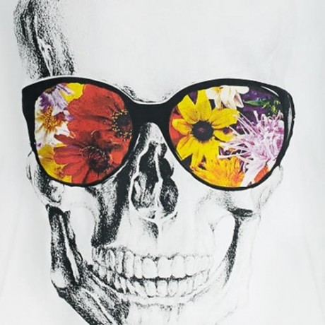 FLOWERS AND SKULL PRINTED SHORT SLEEVE T-SHIRT (WHITE)