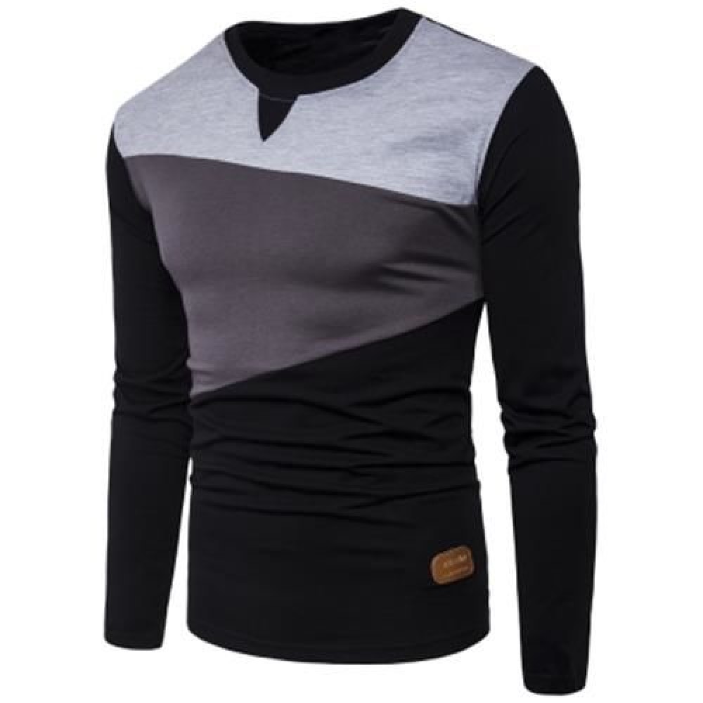 CREW NECK PU LEATHER APPLIQUE PANEL DESIGN T-SHIRT (BLACK)