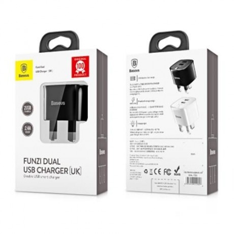 BASEUS FUNZI DUAL USB 2.4A SMART TRAVEL CHARGER UK PLUG (BLACK)
