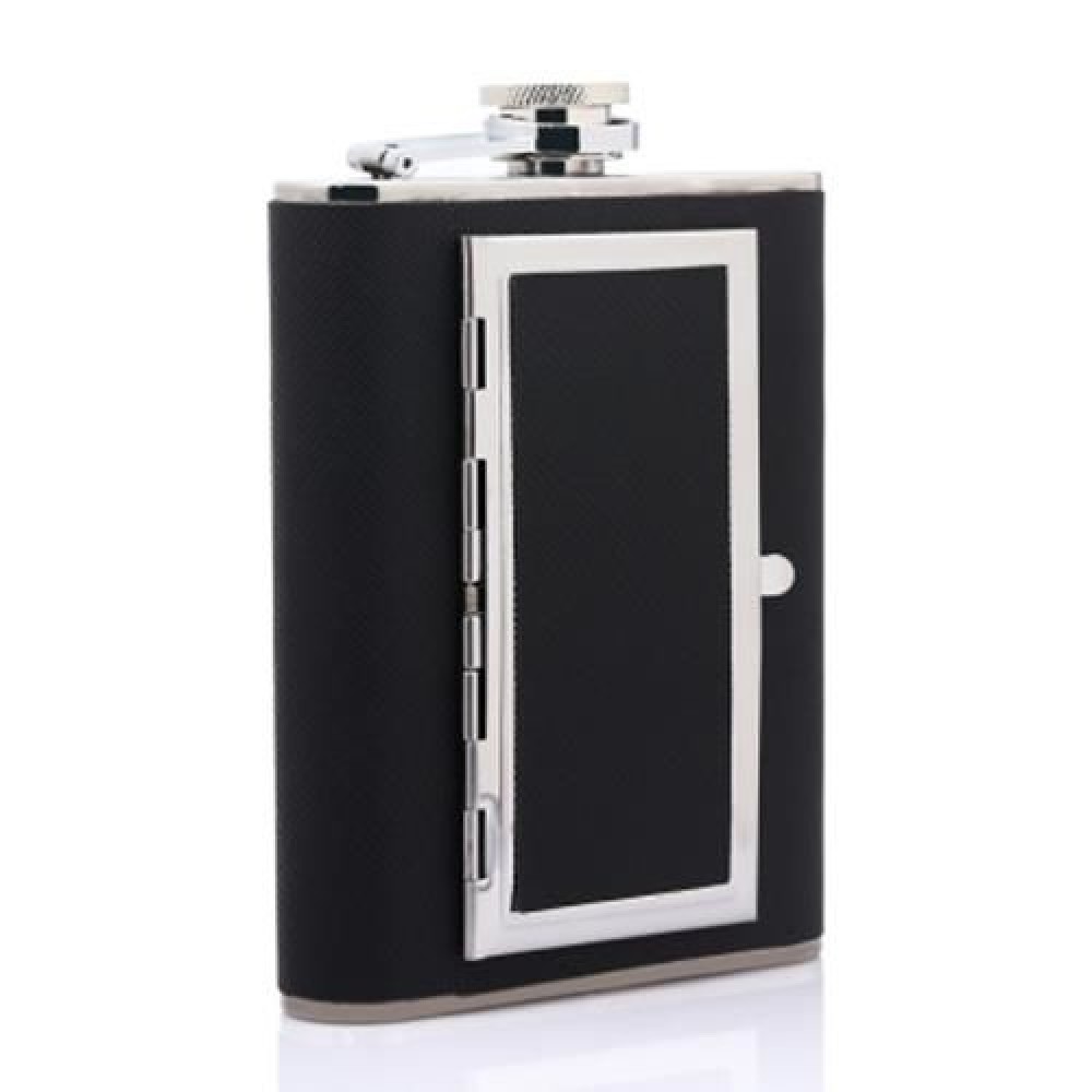 6OZ PORTABLE DUAL-PURPOSE STAINLESS STEEL FLAGON CIGARETTE CASE (SILVER AND BLACK)