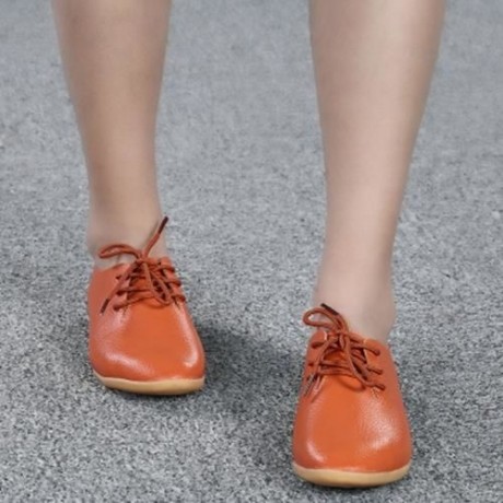 TRENDY POINTED TOE LACE-UP LEATHER WOMEN FLAT SHOES (ORANGE)