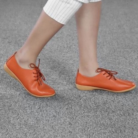 TRENDY POINTED TOE LACE-UP LEATHER WOMEN FLAT SHOES (ORANGE)