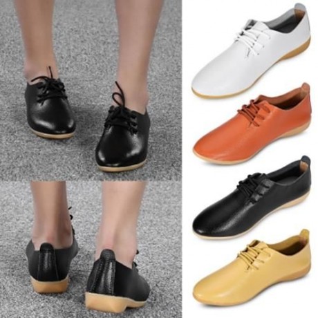 TRENDY POINTED TOE LACE-UP LEATHER WOMEN FLAT SHOES (ORANGE)