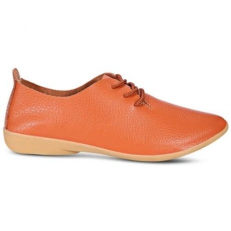 TRENDY POINTED TOE LACE-UP LEATHER WOMEN FLAT SHOES (ORANGE)