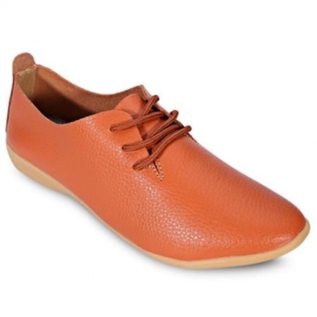TRENDY POINTED TOE LACE-UP LEATHER WOMEN FLAT SHOES (ORANGE)