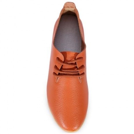 TRENDY POINTED TOE LACE-UP LEATHER WOMEN FLAT SHOES (ORANGE)