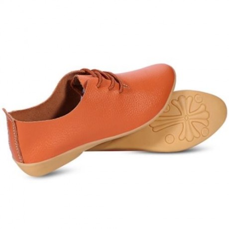 TRENDY POINTED TOE LACE-UP LEATHER WOMEN FLAT SHOES (ORANGE)
