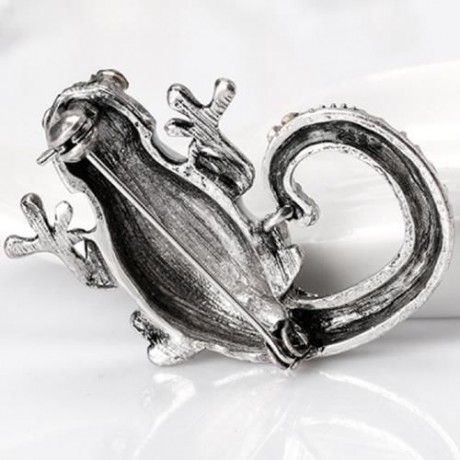 MECHANICAL LIZARD ENGRAVED FAUX GEM BROOCH (SILVER)