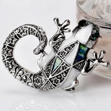 MECHANICAL LIZARD ENGRAVED FAUX GEM BROOCH (SILVER)