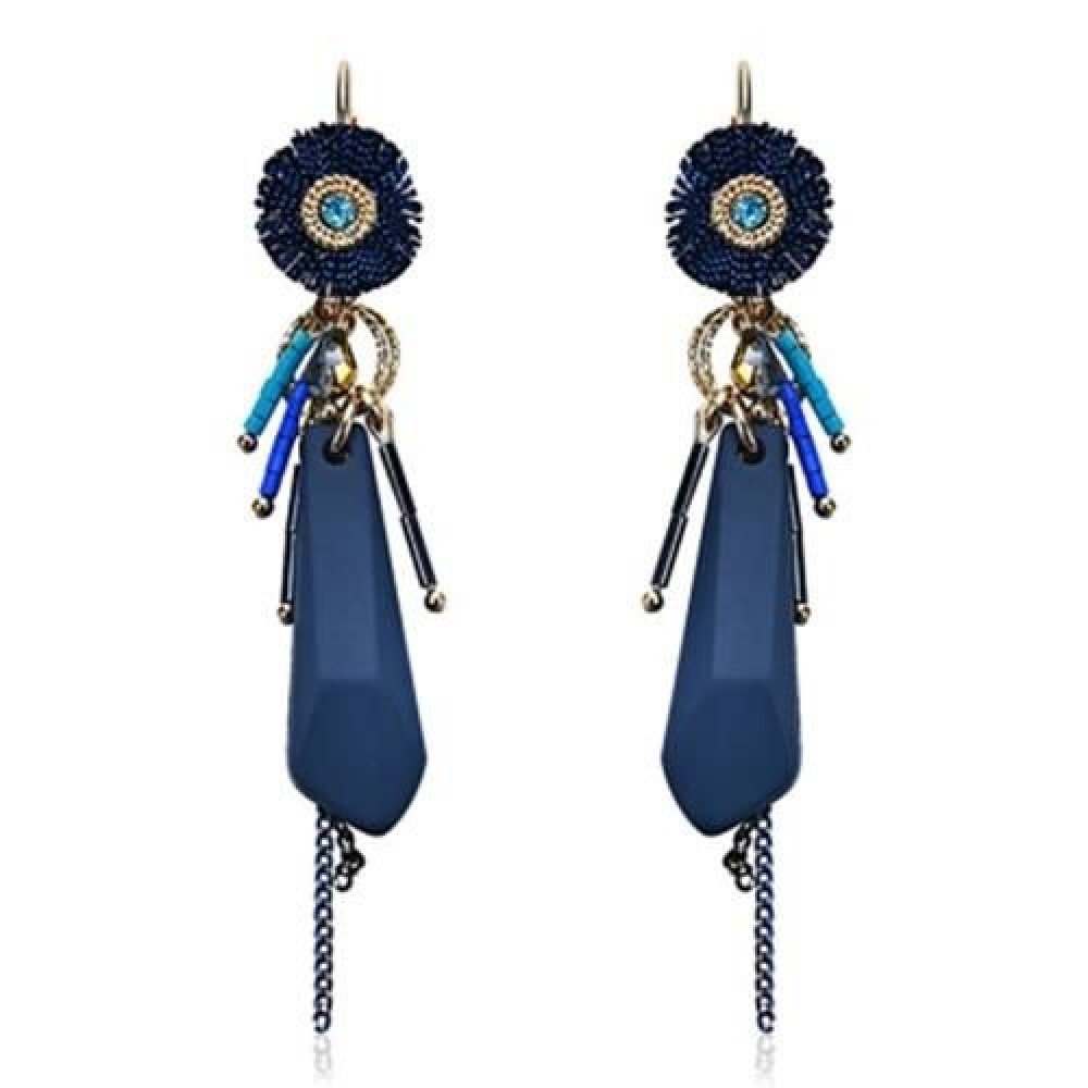 RHINESTONE CHAIN FRINGED HOOP DROP EARRINGS (BLUE)