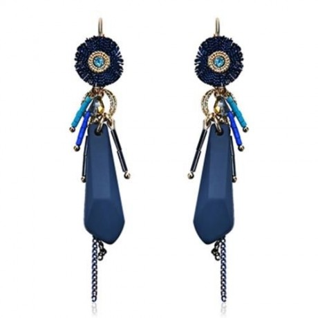 RHINESTONE CHAIN FRINGED HOOP DROP EARRINGS (BLUE)