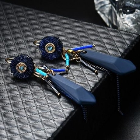 RHINESTONE CHAIN FRINGED HOOP DROP EARRINGS (BLUE)
