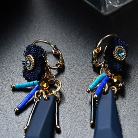 RHINESTONE CHAIN FRINGED HOOP DROP EARRINGS (BLUE)