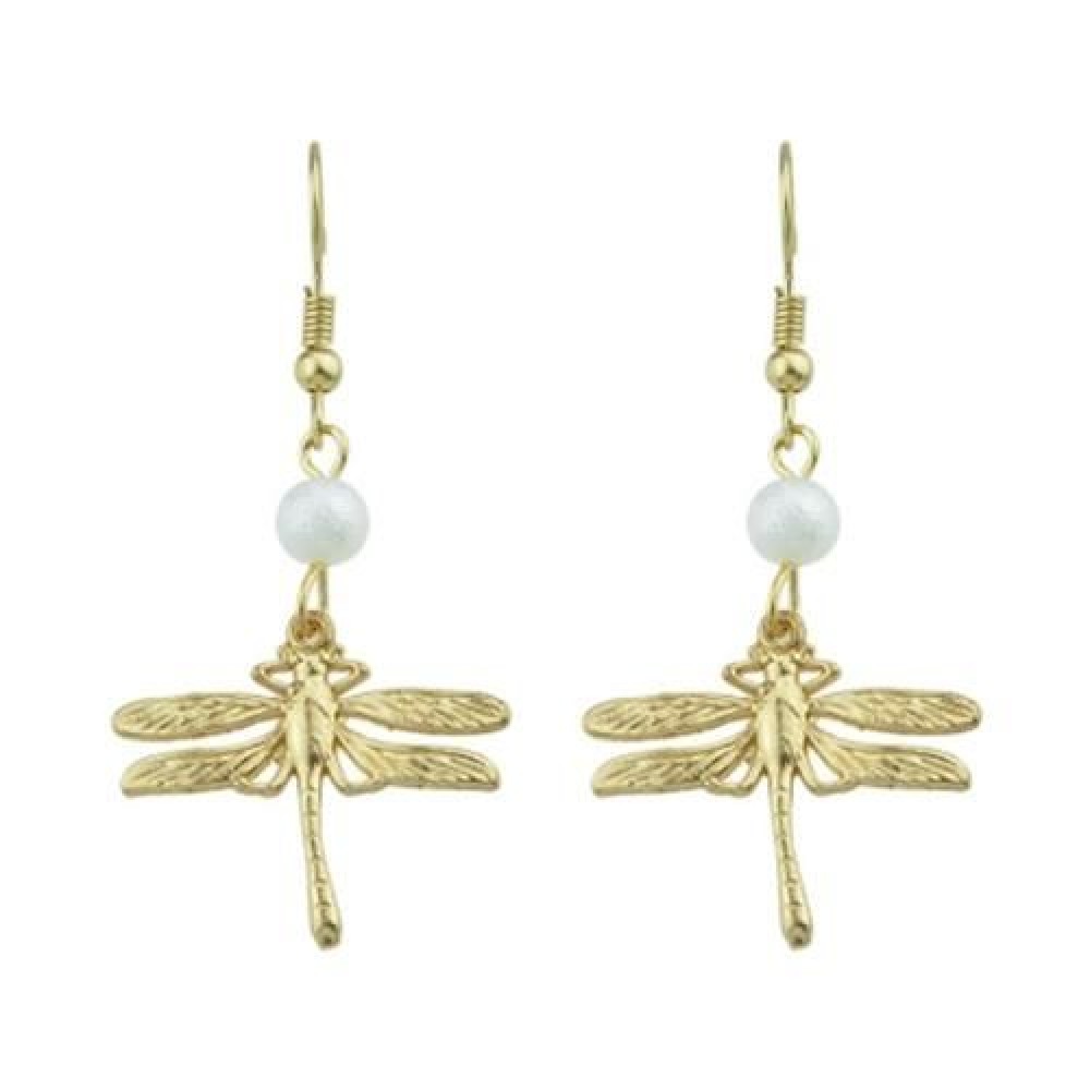 FAUX PEARL DRAGONFLY FISH HOOK EARRINGS (GOLDEN)