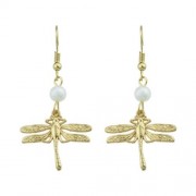 FAUX PEARL DRAGONFLY FISH HOOK EARRINGS (GOLDEN)