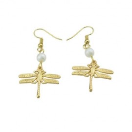 FAUX PEARL DRAGONFLY FISH HOOK EARRINGS (GOLDEN)