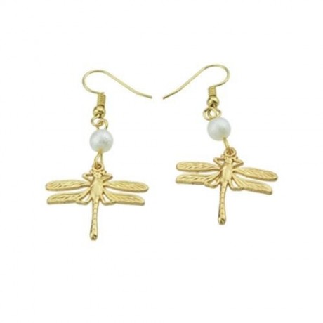 FAUX PEARL DRAGONFLY FISH HOOK EARRINGS (GOLDEN)