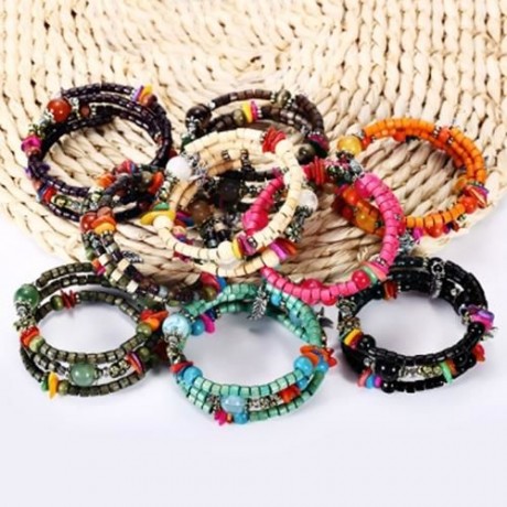 BOHEMIAN WOODEN BEAD DECORATION WOMEN WRAP BRACELET (PAPAYA)