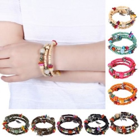 BOHEMIAN WOODEN BEAD DECORATION WOMEN WRAP BRACELET (PAPAYA)