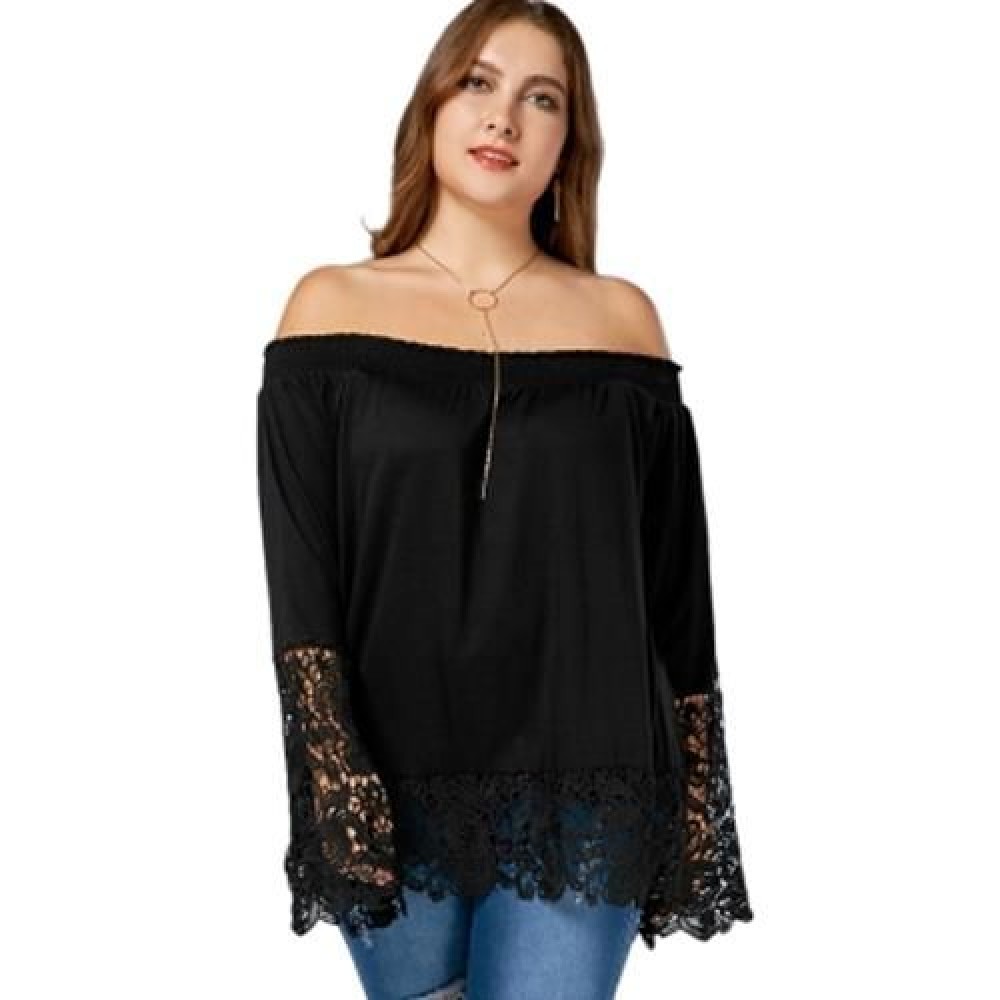 OFF THE SHOULDER LACE TRIM PLUS SIZE TOP (BLACK)