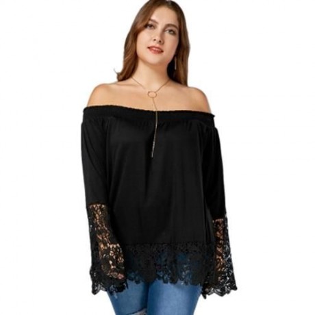 OFF THE SHOULDER LACE TRIM PLUS SIZE TOP (BLACK)