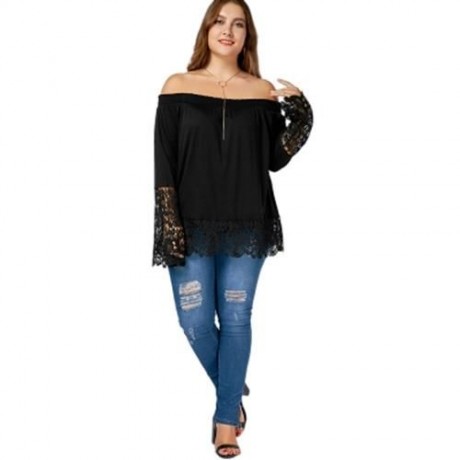 OFF THE SHOULDER LACE TRIM PLUS SIZE TOP (BLACK)