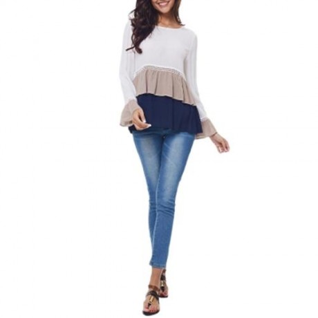 LAYERED FLOUNCE LACE INSERT LONG SLEEVE BLOUSE (WHITE)