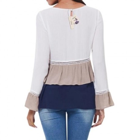 LAYERED FLOUNCE LACE INSERT LONG SLEEVE BLOUSE (WHITE)